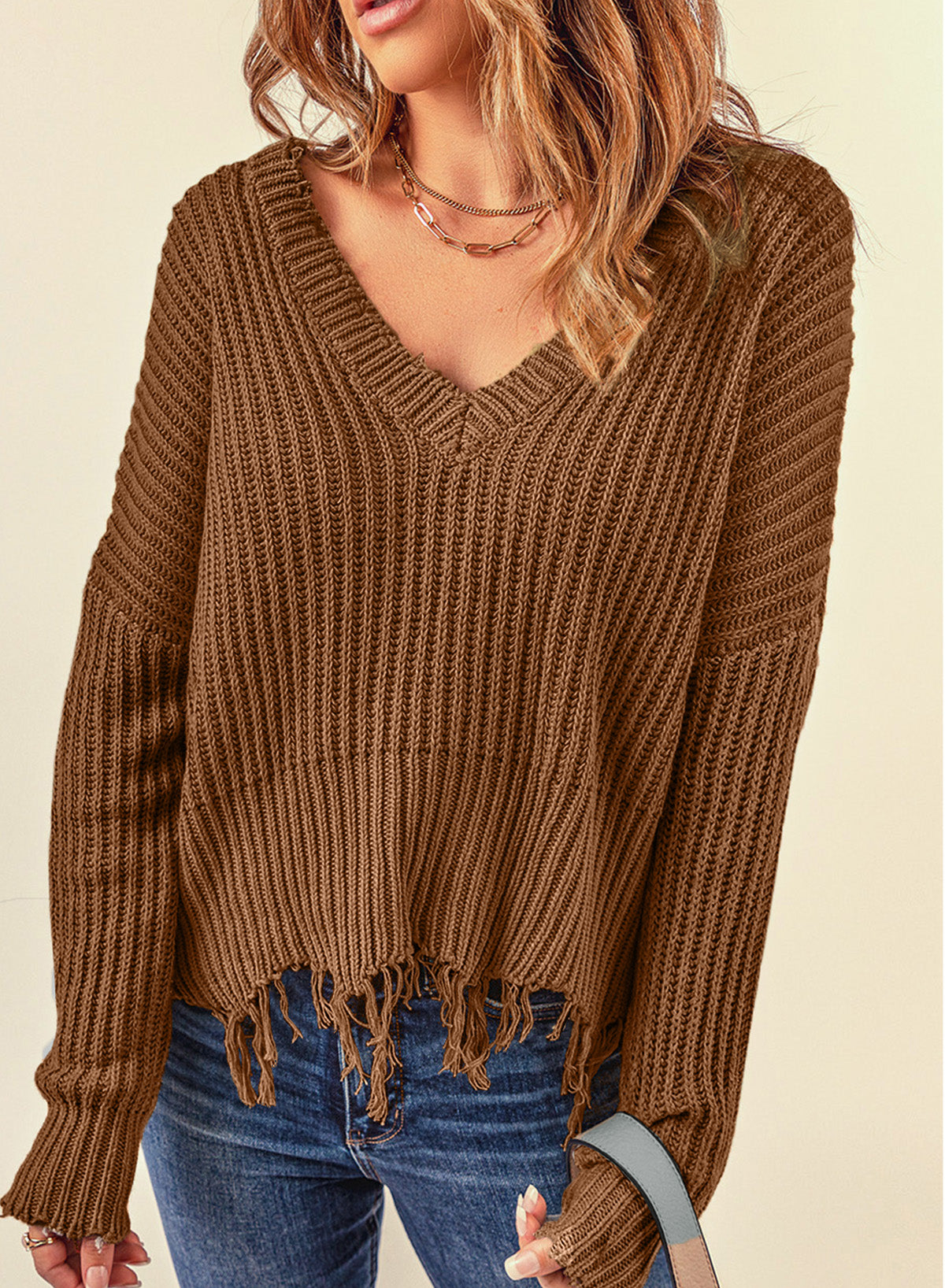 Fringe V-Neck Dropped Shoulder Sweater