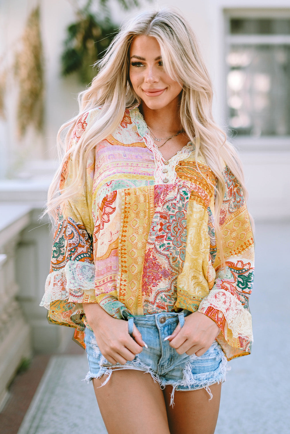 Double Take Printed Lace Trim Buttoned Blouse