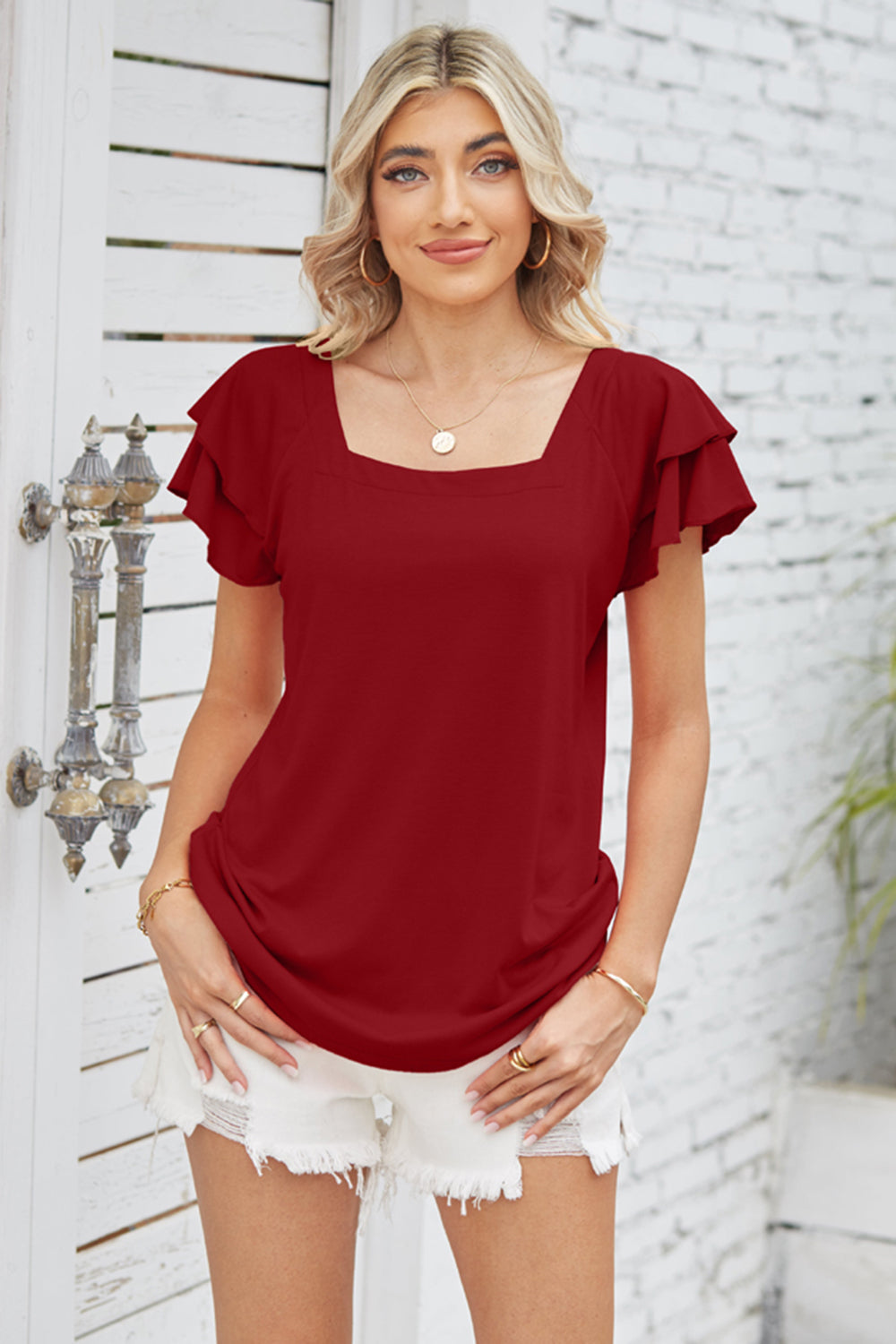 Square Neck Flutter Sleeve T-Shirt