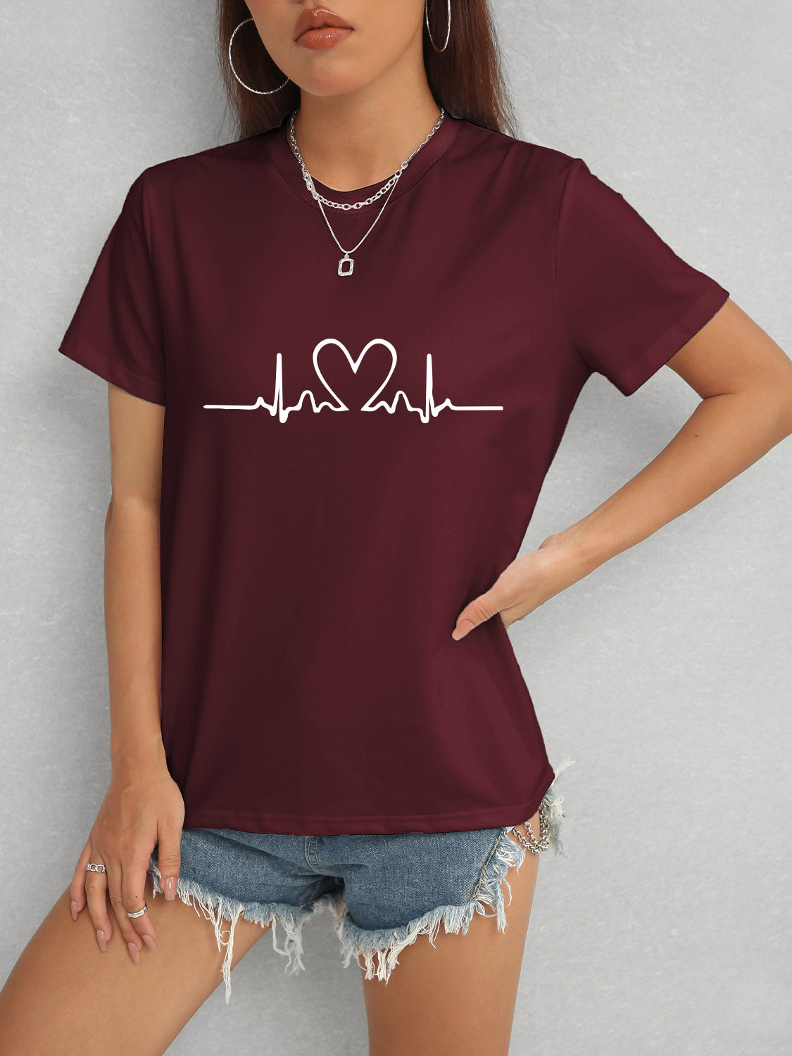 Heart Round Neck Short Sleeve T-Shirt