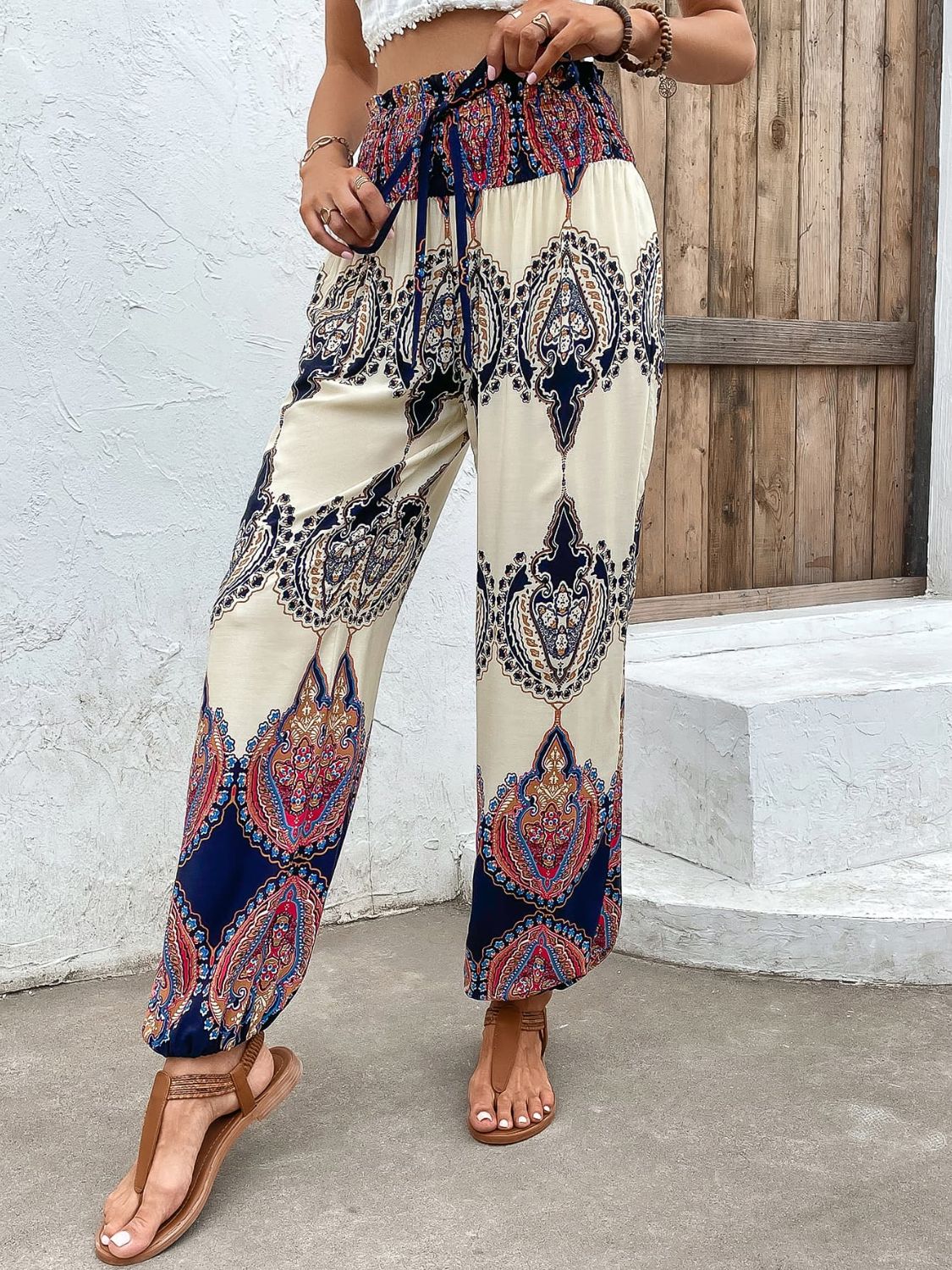 Printed Smocked High Waist Pants