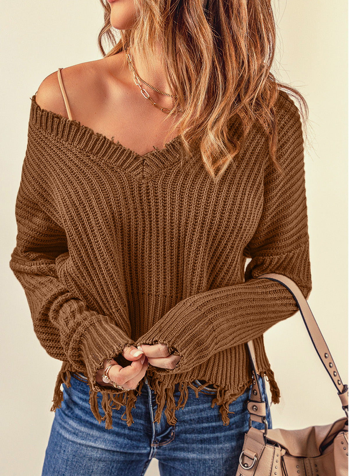 Fringe V-Neck Dropped Shoulder Sweater