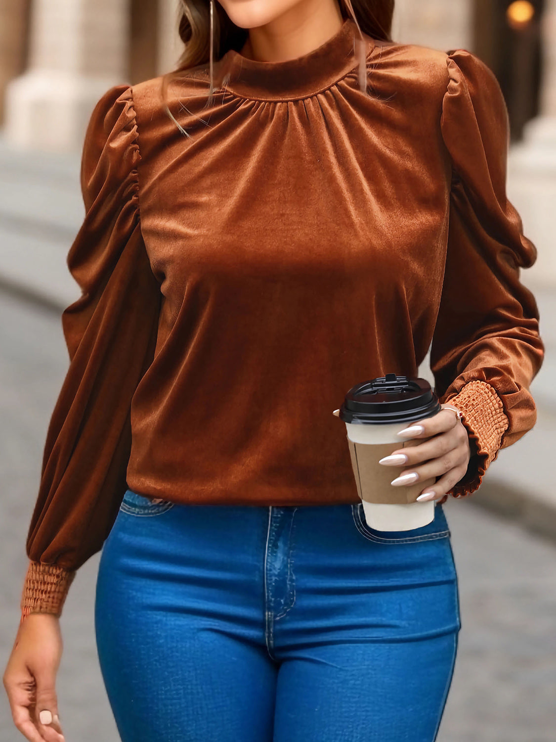 Tied Mock Neck Puff Sleeve Blouse