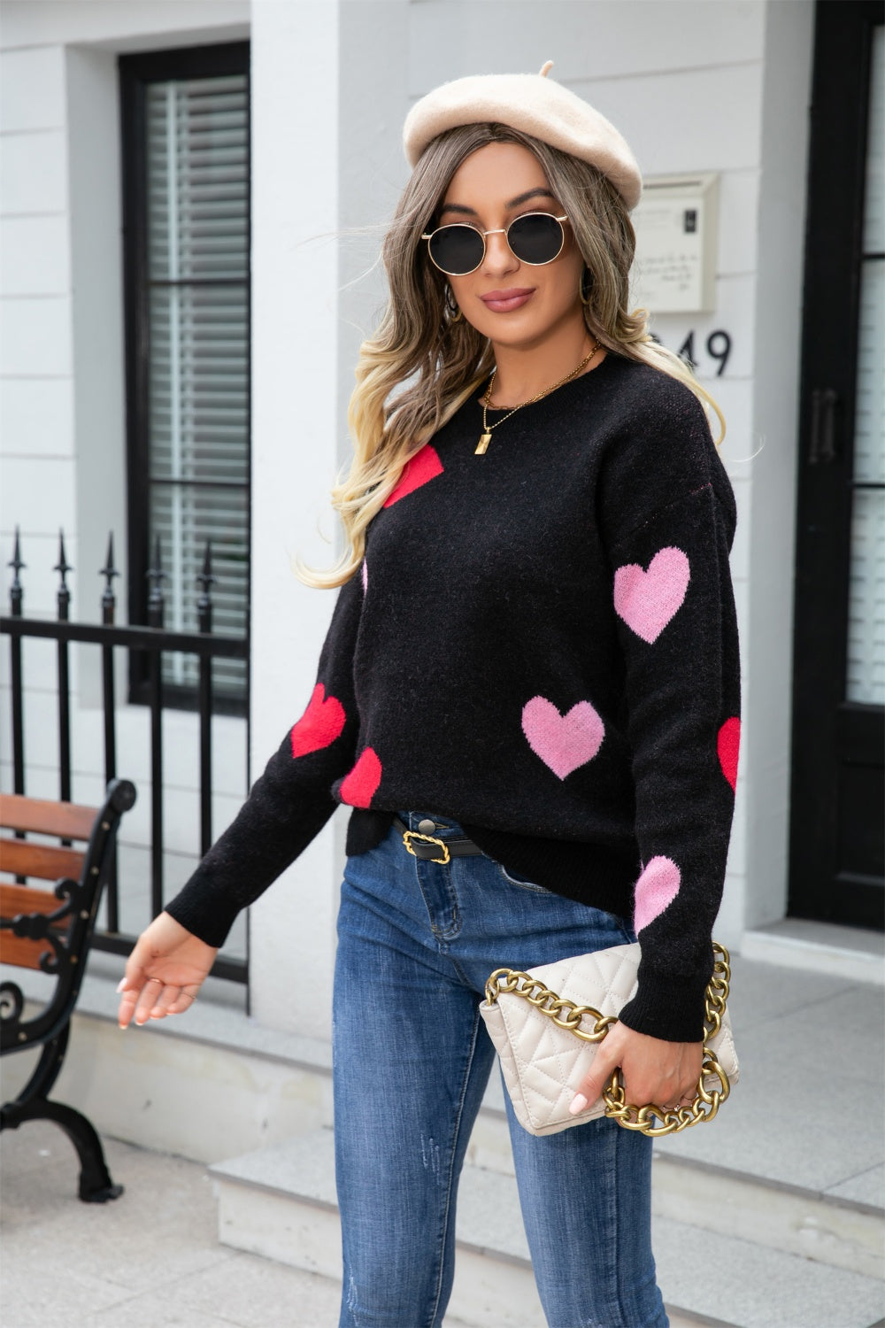 Heart Round Neck Droppped Shoulder Sweater