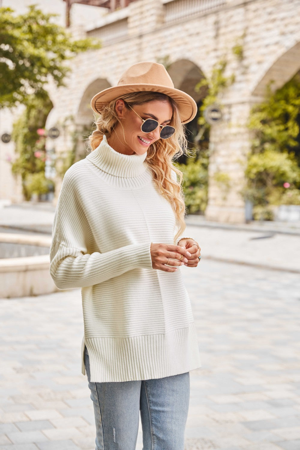 Ribbed Turtleneck Long Sleeve Slit Sweater