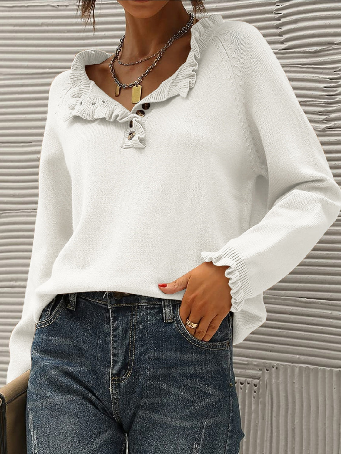 Ruffled Quarter-Button Sweater