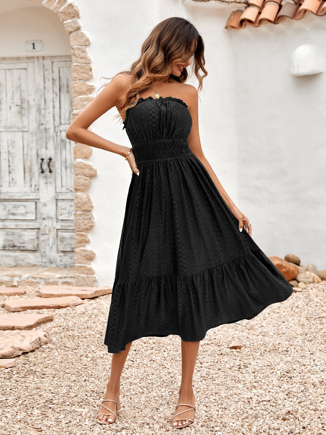 Frill Trim Strapless Midi Dress