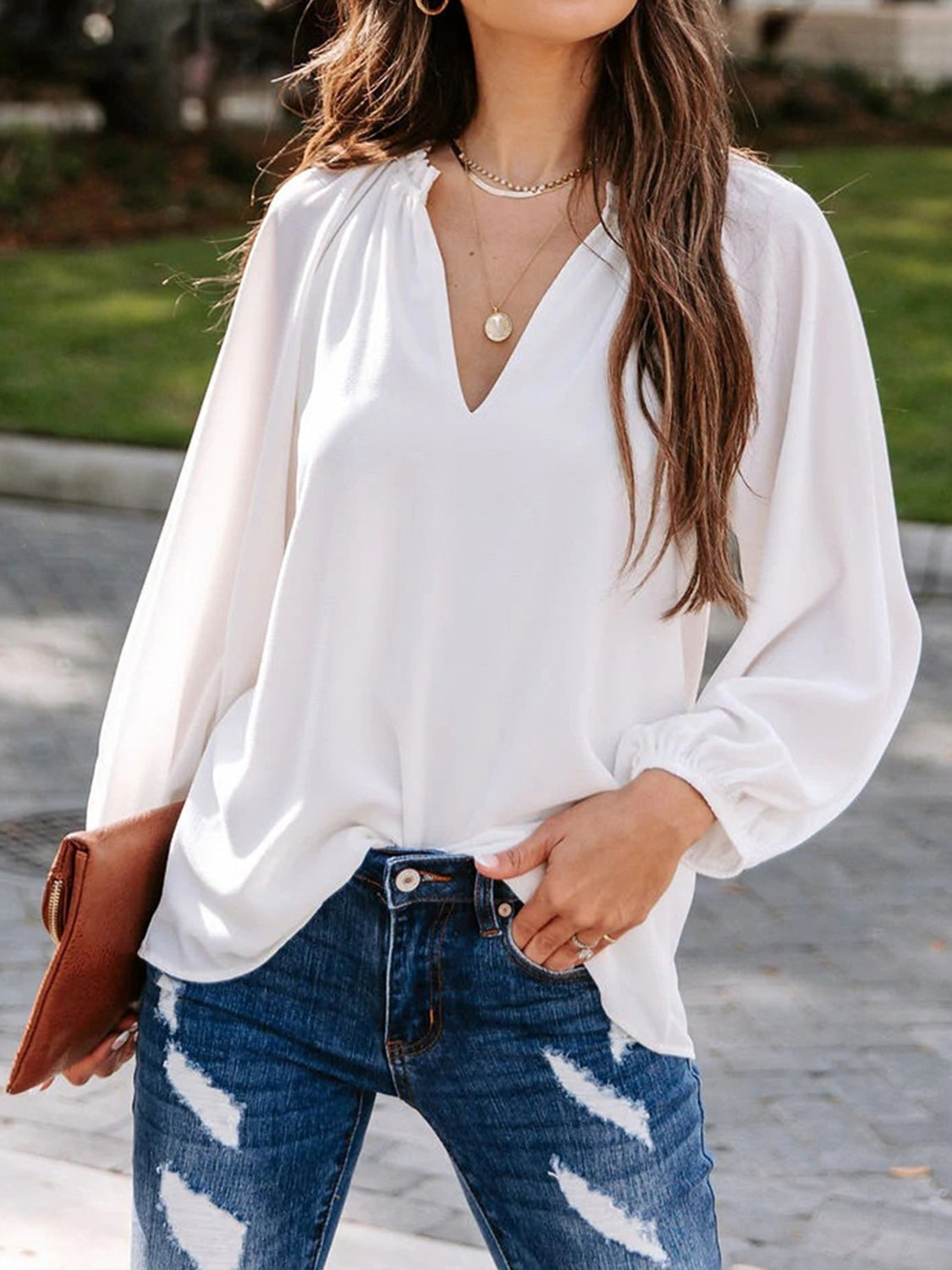 Ruched Notched Balloon Sleeve Blouse