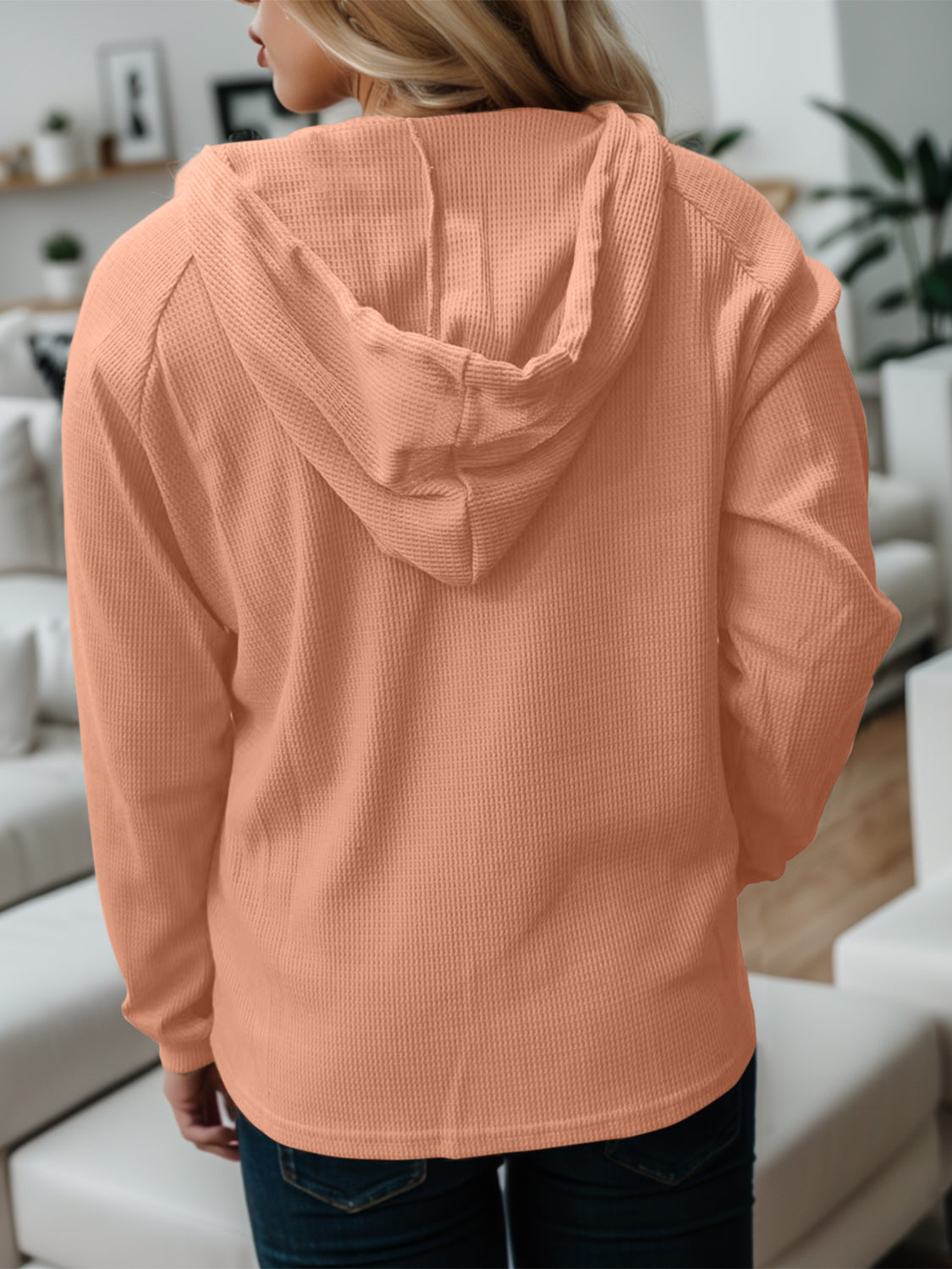 Waffle-Knit Drawstring Quarter Button Hoodie