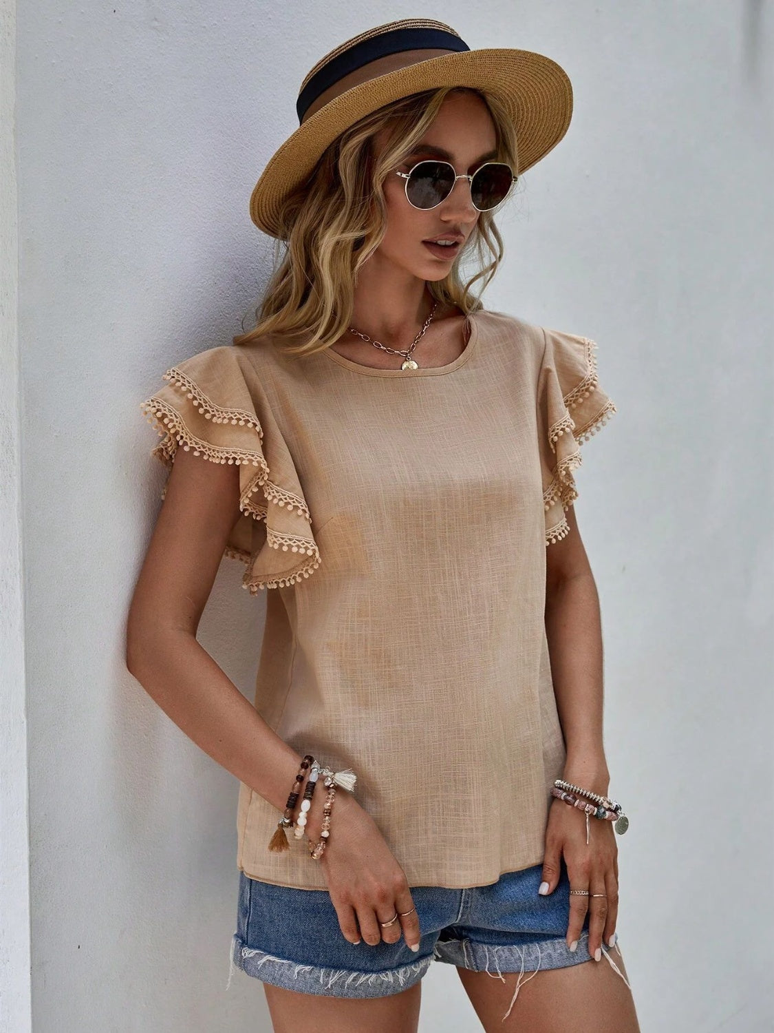 Ruffled Cap Sleeve Round Neck Blouse