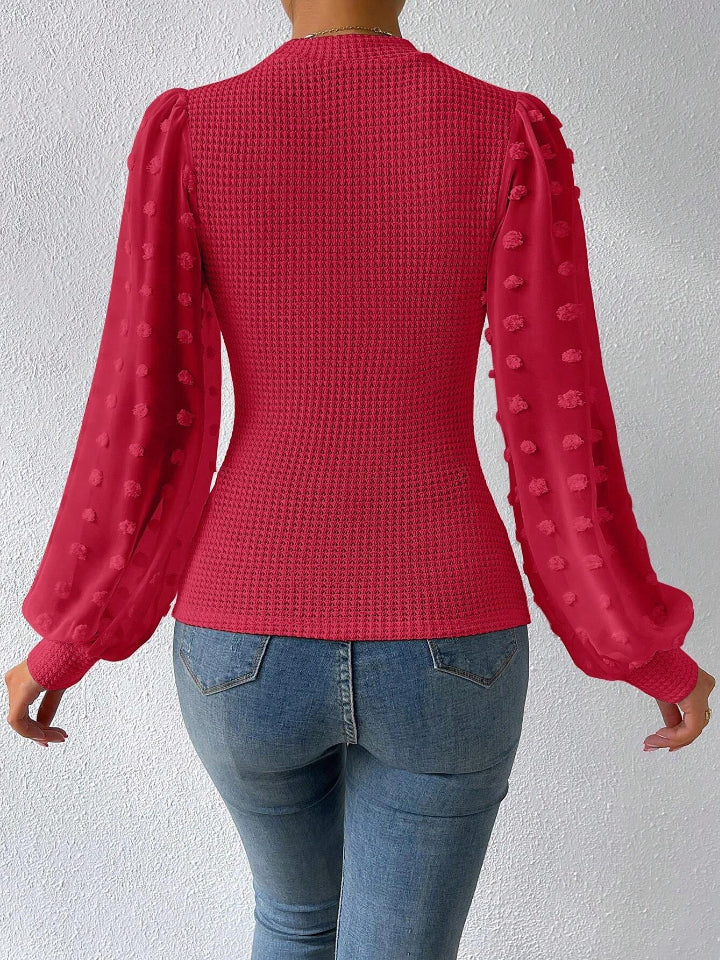 Swiss Dot Waffle-Knit Lantern Sleeve T-Shirt