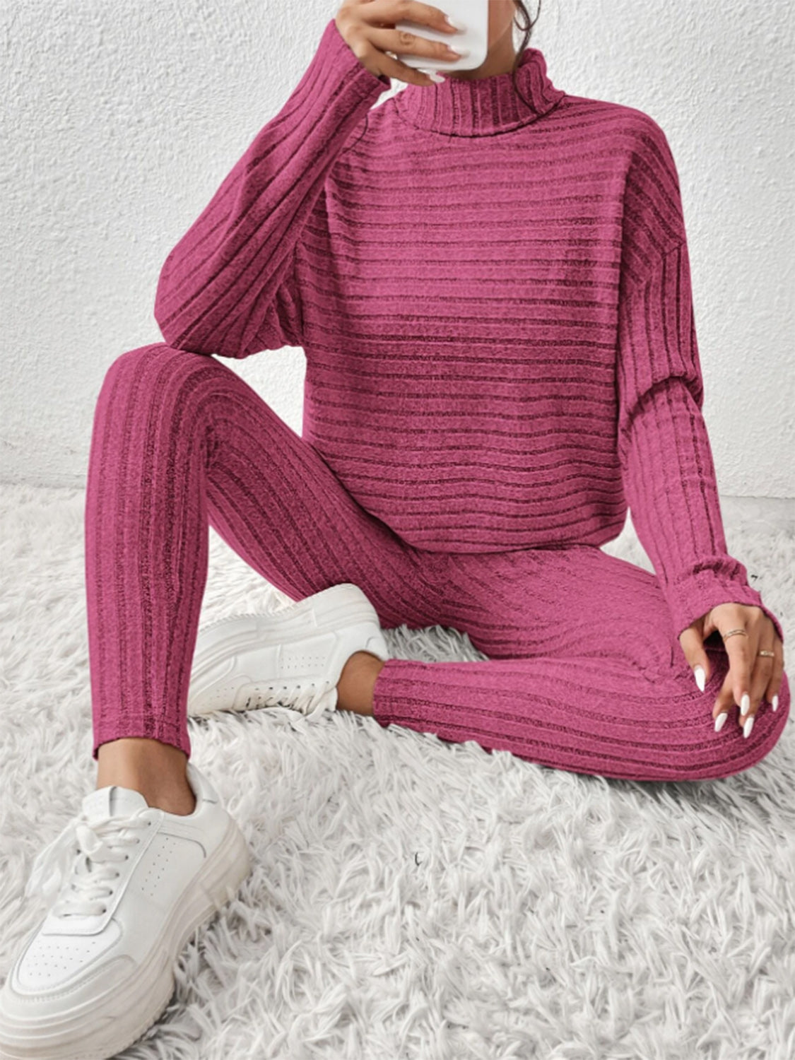 Ribbed Turtleneck Top and Pants Set