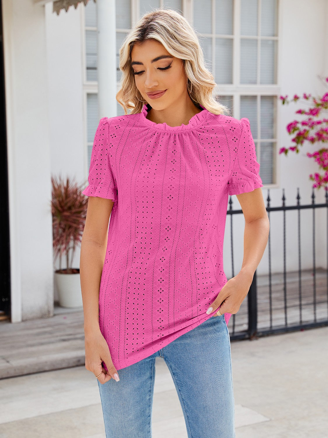 Eyelet Frill Mock Neck Flounce Sleeve Blouse