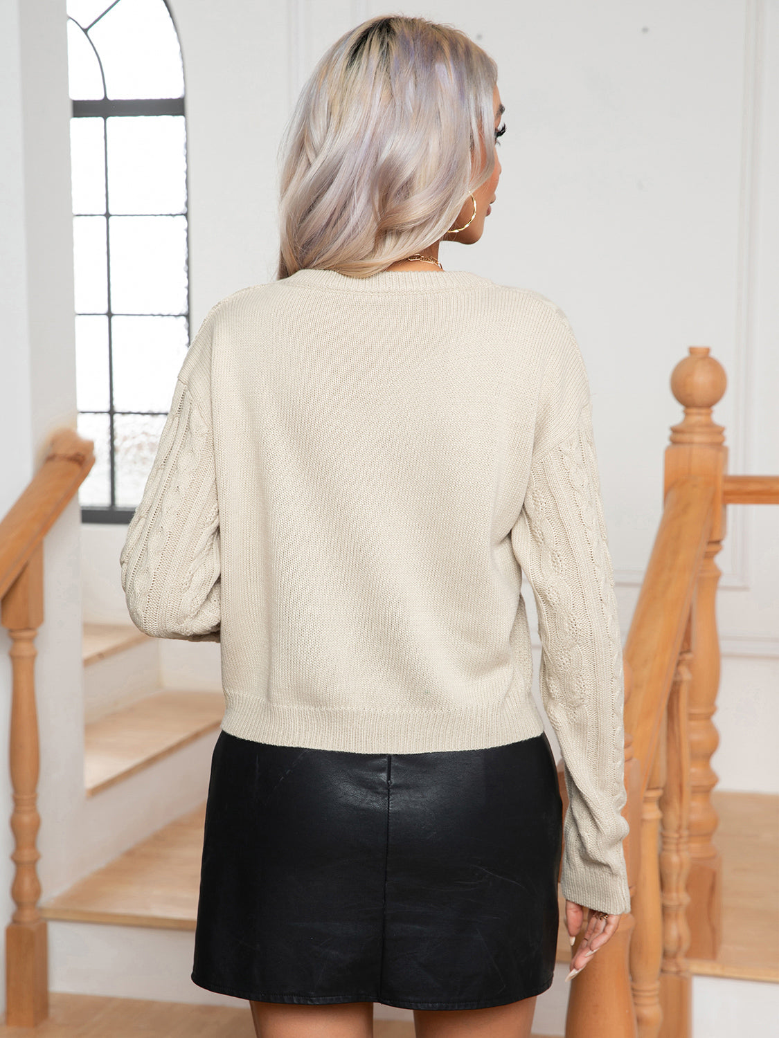 Cable-Knit Round Neck Long Sleeve Sweater